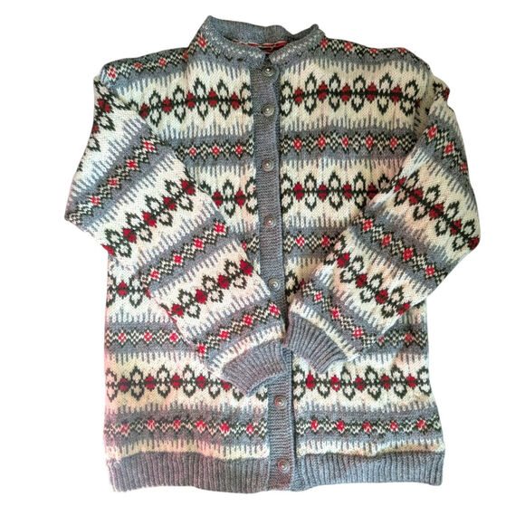 Vtg Nordic Wool Sweater Classic Fair Isle Metal Buttons Cream Gray Red - Picture 10 of 10